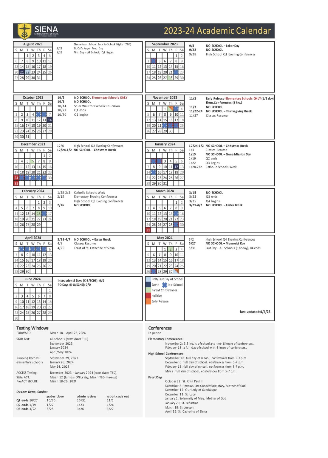 Academic Calendar Siena Catholic Schools